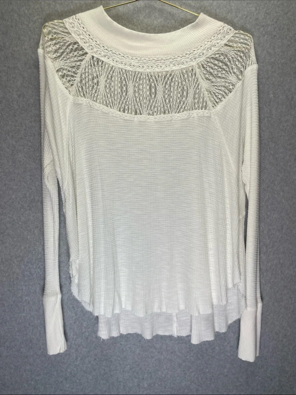 Free People Spring Valley Waffle Knit Lace Neckline Long Sleeve Top